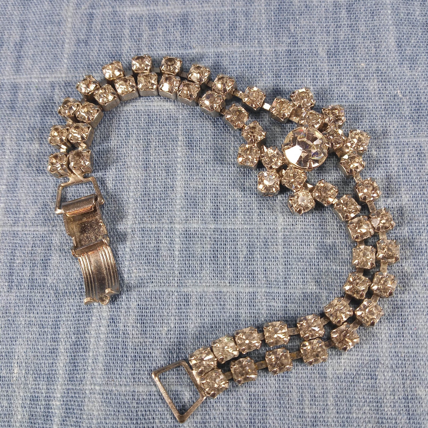 1950s Vintage Bracelet with a Double Row of Clear Rhinestones