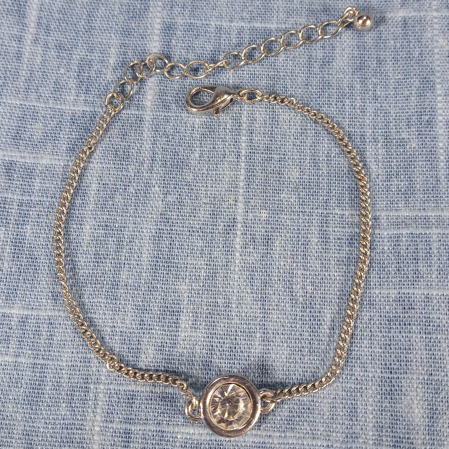 1970s Vintage Bracelet with Silver Tone Metal Chain and a Center Clear Rhinestone