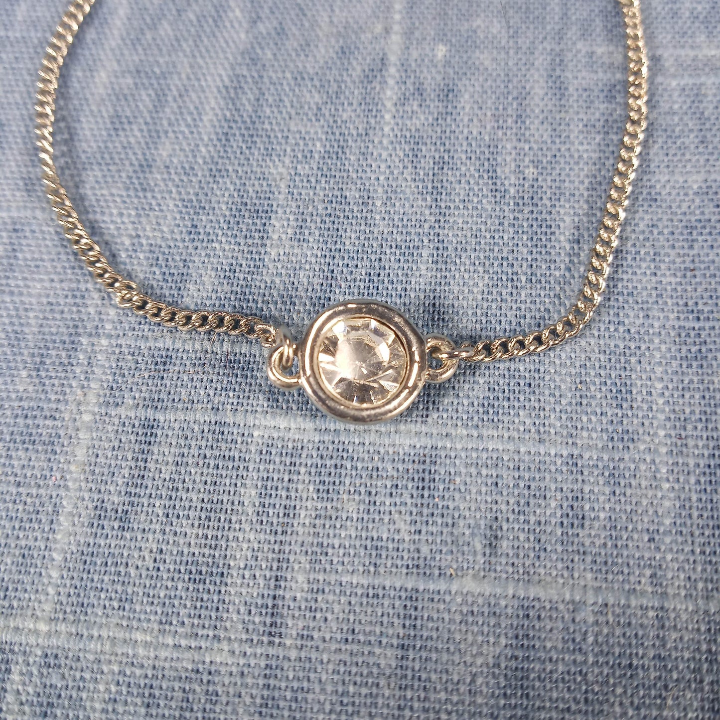 1970s Vintage Bracelet with Silver Tone Metal Chain and a Center Clear Rhinestone