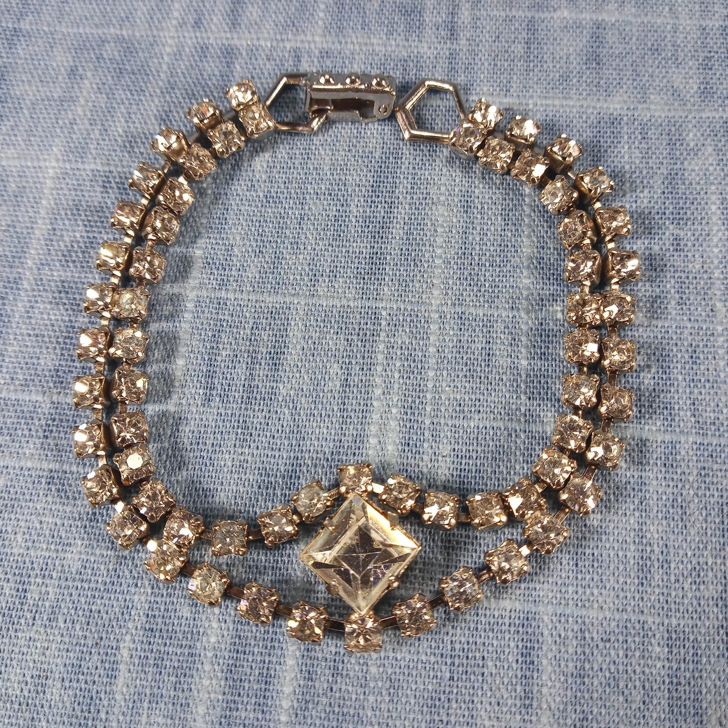 1970s Vintage Bracelet with a Center and Double Row of Clear Rhinestones