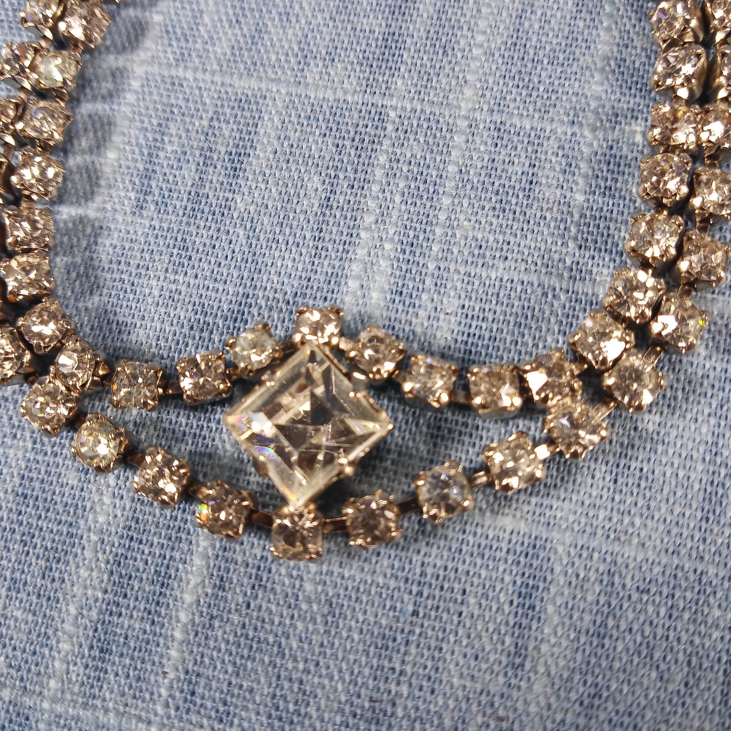 1970s Vintage Bracelet with a Center and Double Row of Clear Rhinestones