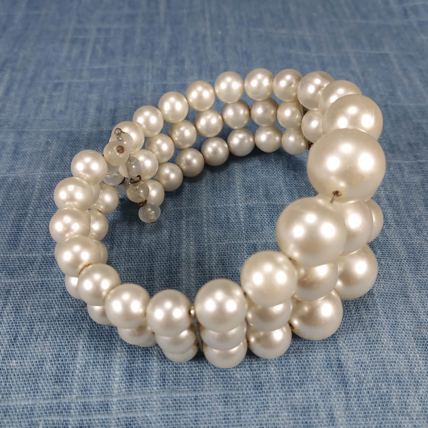 1950s Vintage Expanding Cuff Bracelet with Three Rows of Pearl Beads