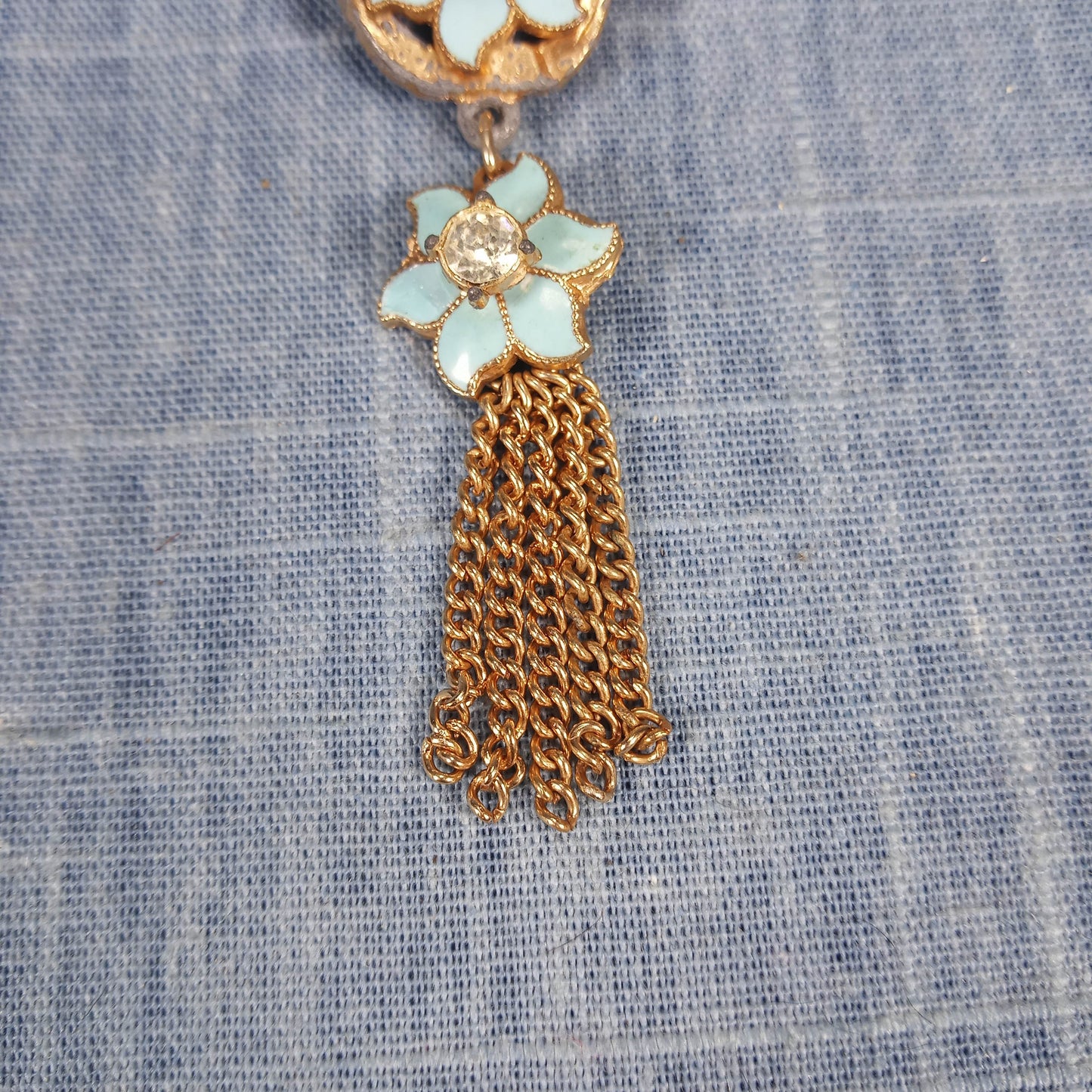1950s Vintage Pendant Pin with Light Blue Enamel Flowers and Clear Rhinestones