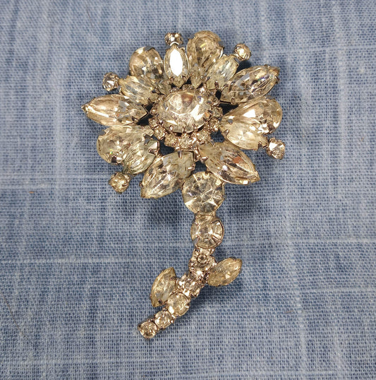 1950s Vintage Clear Rhinestone Sunflower Brooch