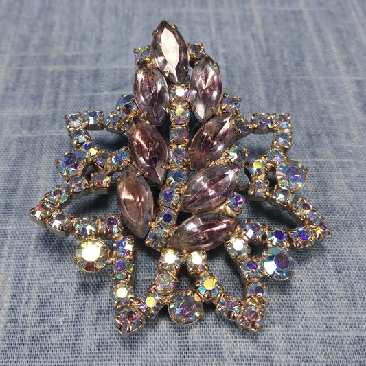 1950s Vintage Aurora Borealis Rhinestone Leaf on Starburst Brooch