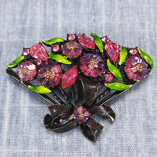 1980s Vintage Purple Enamel and Green Rhinestone Vintage Fan Brooch