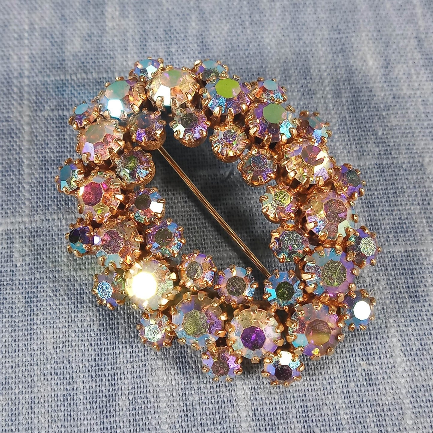 1950s Vintage Oval Brooch with Aurora Borealis Rhinestones