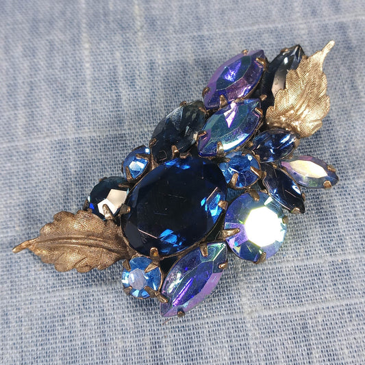 1950s Vintage Pin with Dark Blue Rhinestones and Silver Tone Leaves
