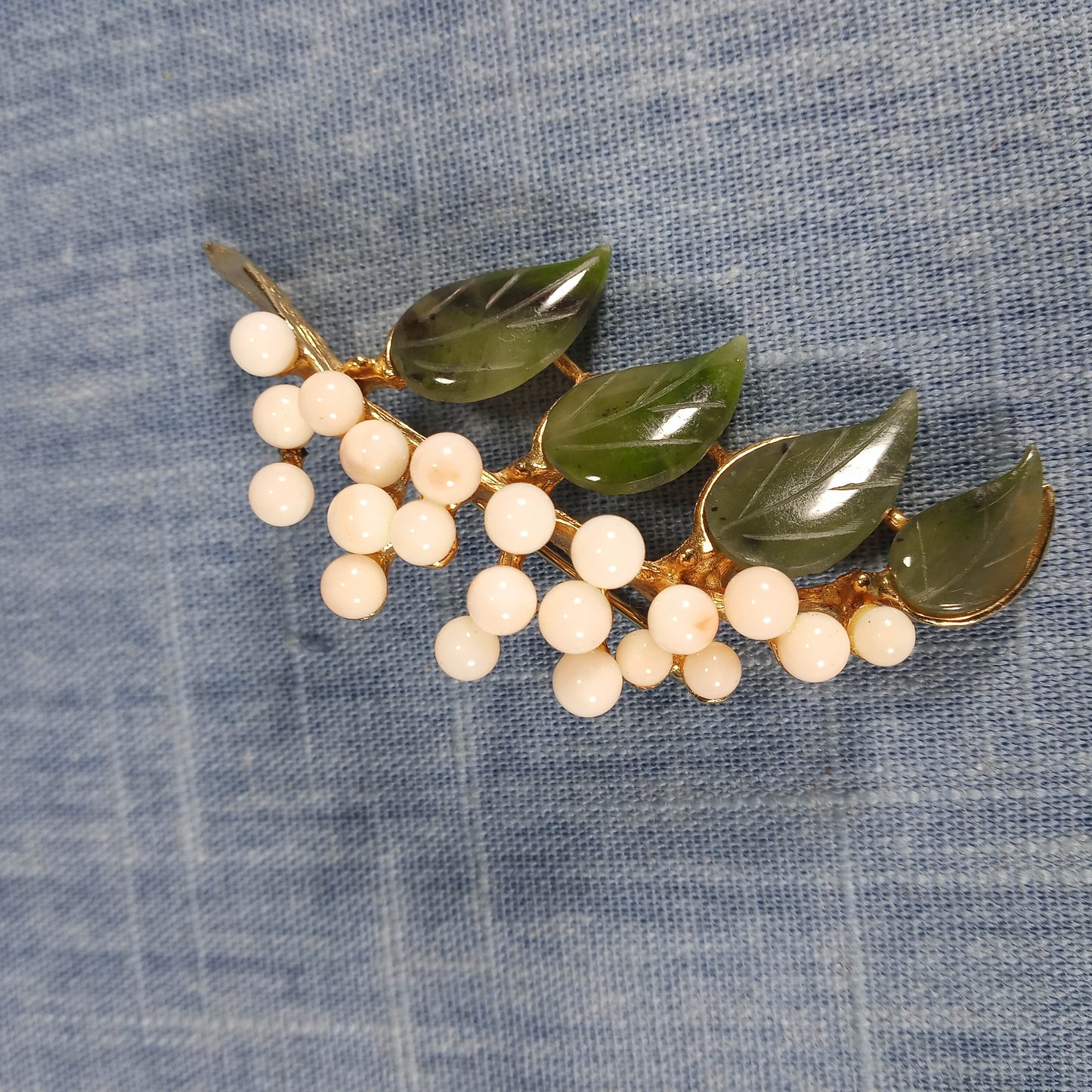 1960s Vintage Gold Plated Leaf Pin with Jade and Pearls by Swoboda