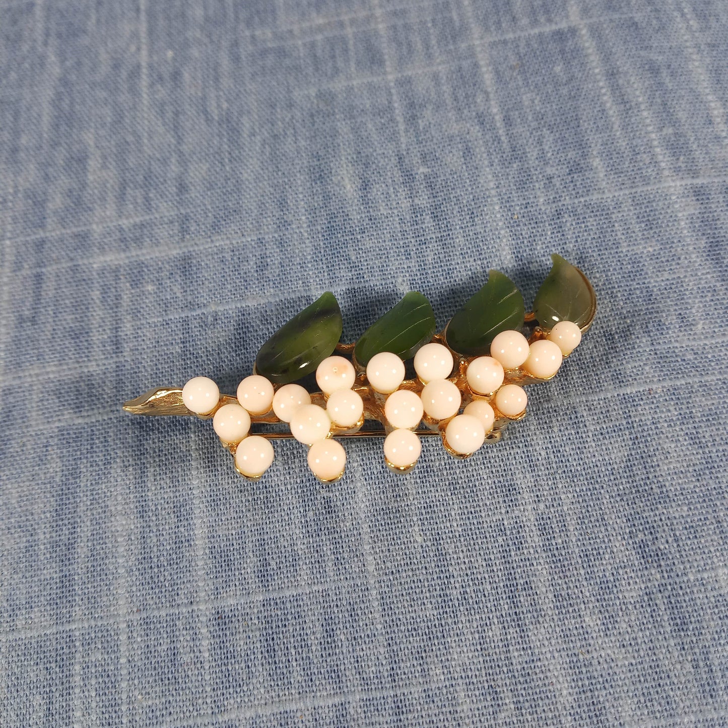 1960s Vintage Gold Plated Leaf Pin with Jade and Pearls by Swoboda