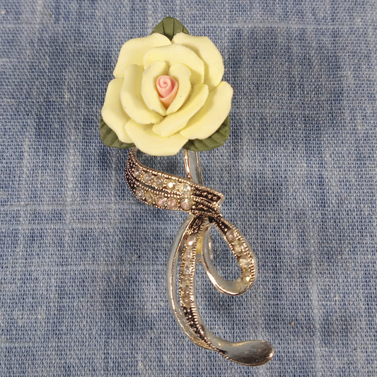 1980s Vintage Pin with a Yellow Rose and Clear Rhinestones by Avon
