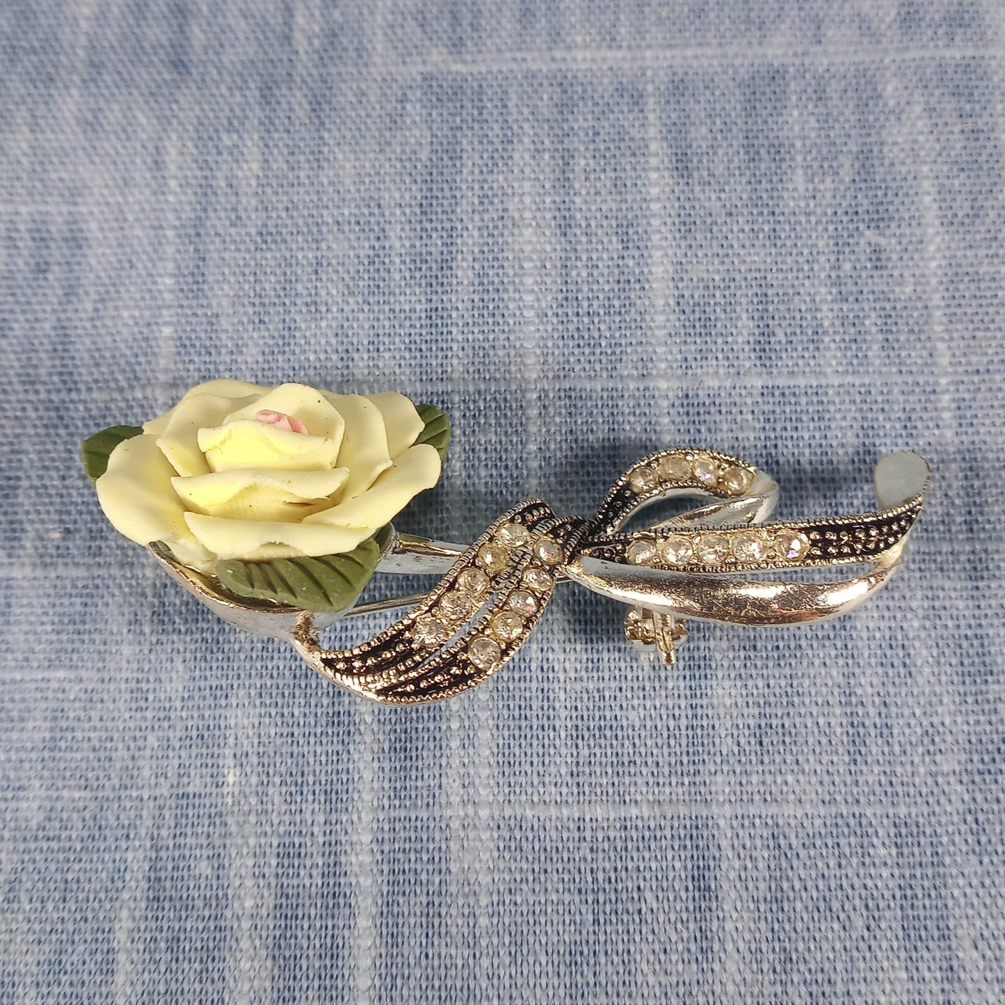 1980s Vintage Pin with a Yellow Rose and Clear Rhinestones by Avon