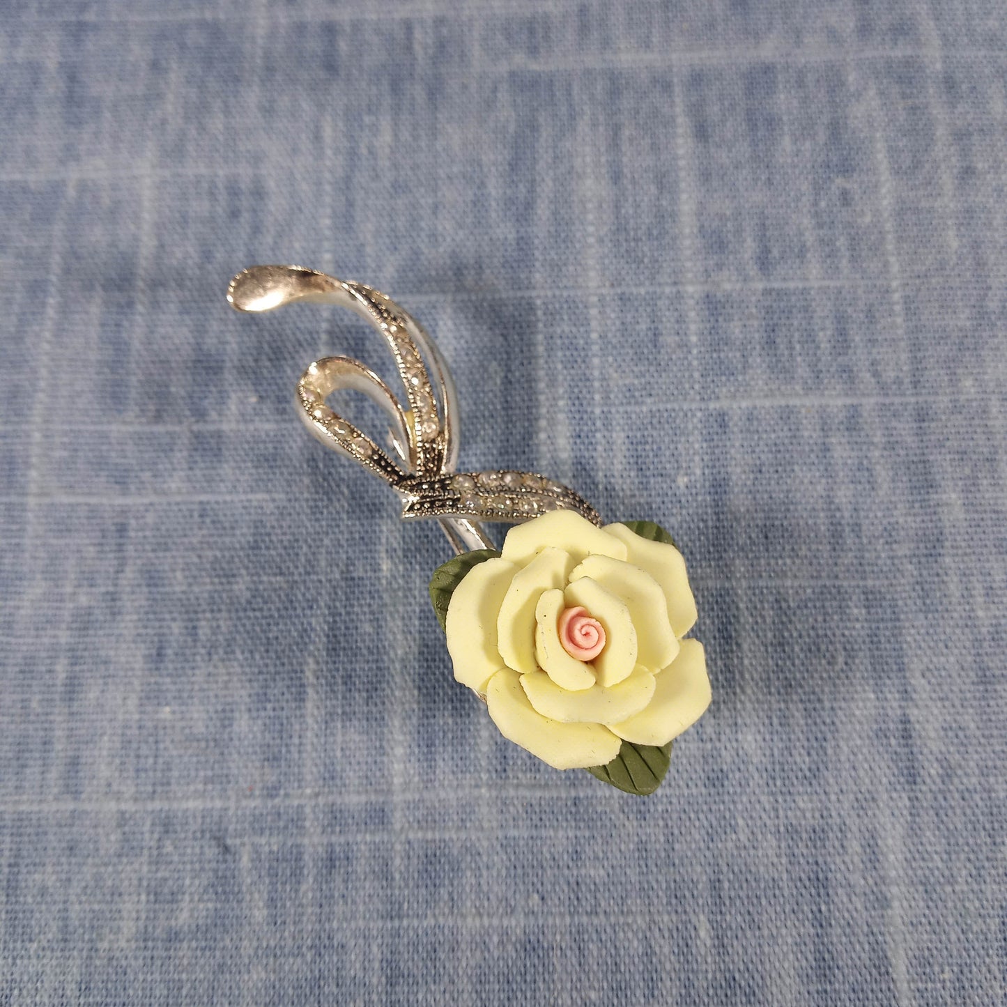 1980s Vintage Pin with a Yellow Rose and Clear Rhinestones by Avon