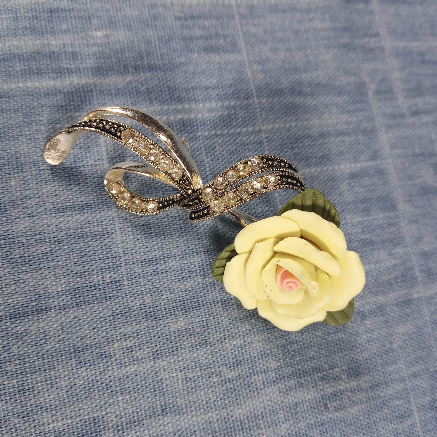 1980s Vintage Pin with a Yellow Rose and Clear Rhinestones by Avon