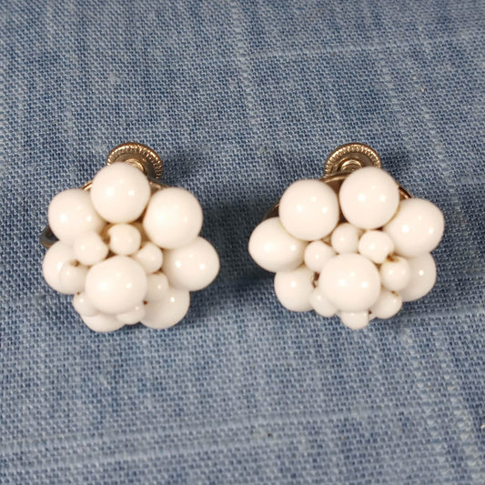 1940s Vintage Screw Back Circular Earrings w White Beads from West Germany