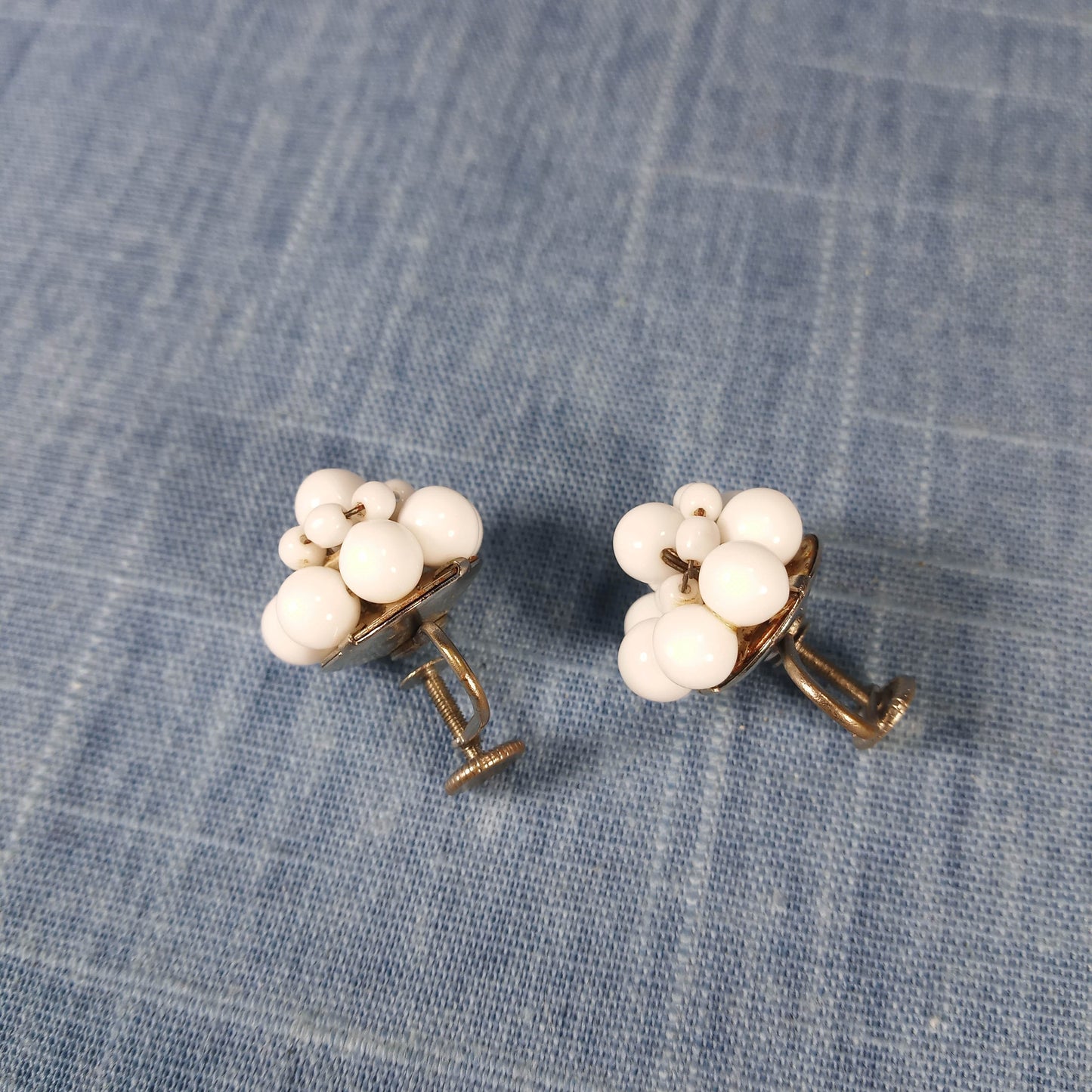 1940s Vintage Screw Back Circular Earrings w White Beads from West Germany