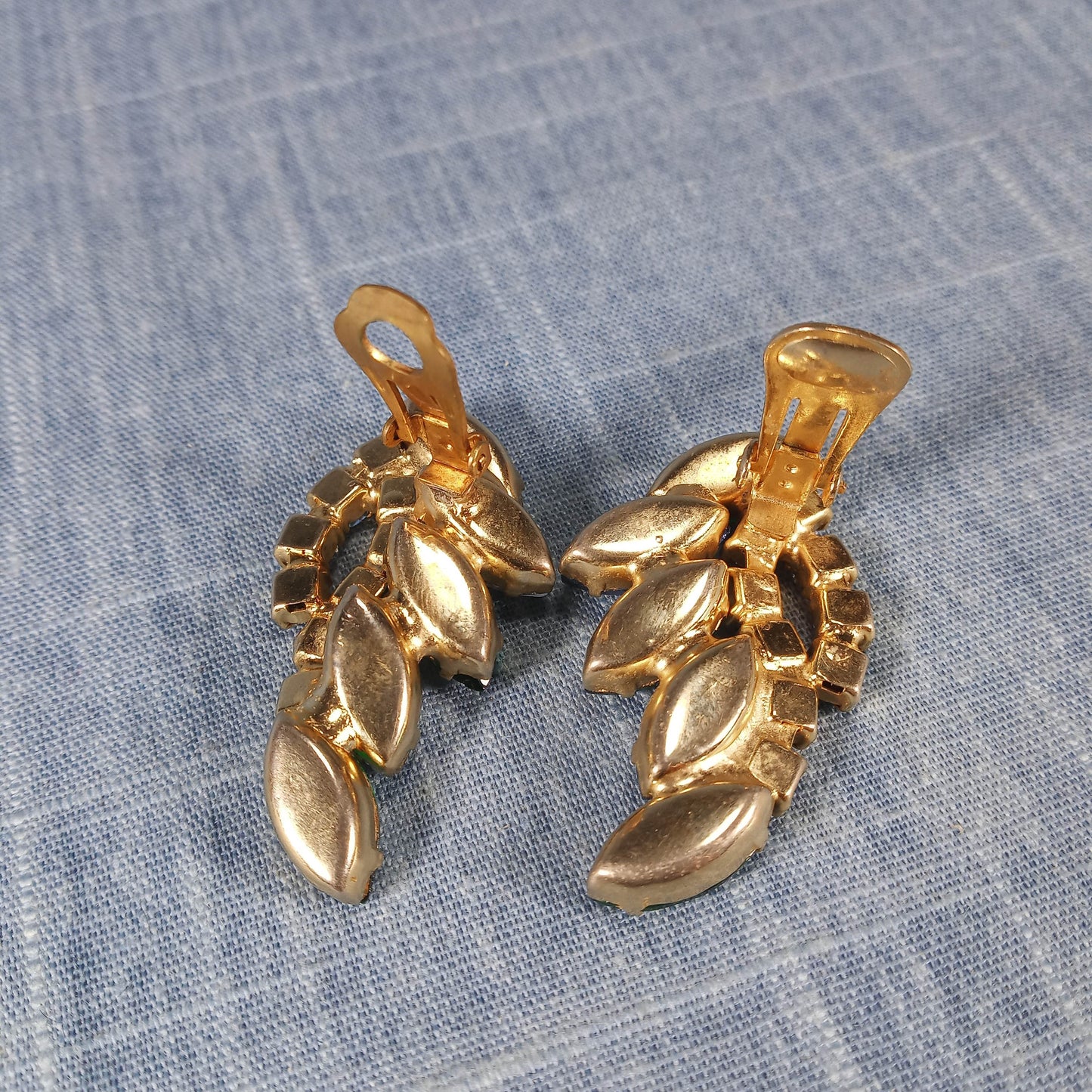 1950s Vintage Clip Earrings with Green and Aurora Borealis Rhinestones