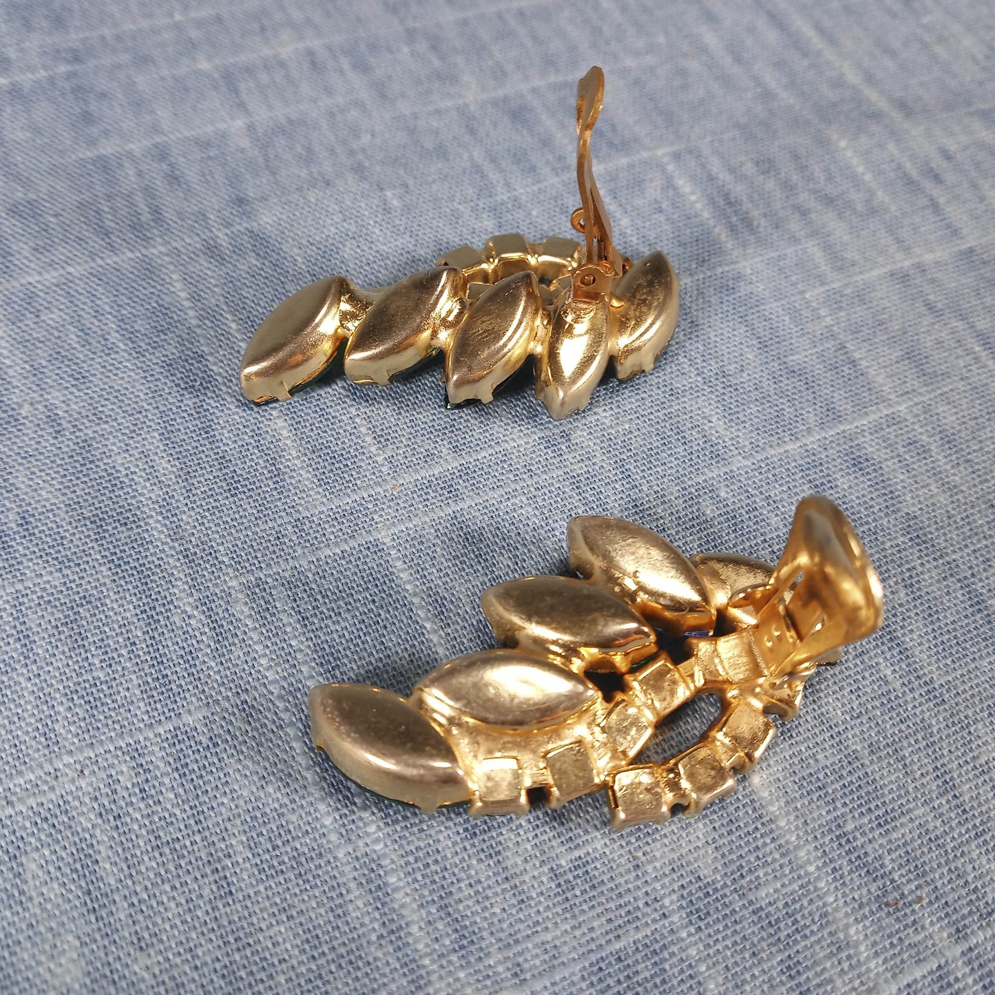 1950s Vintage Clip Earrings with Green and Aurora Borealis Rhinestones