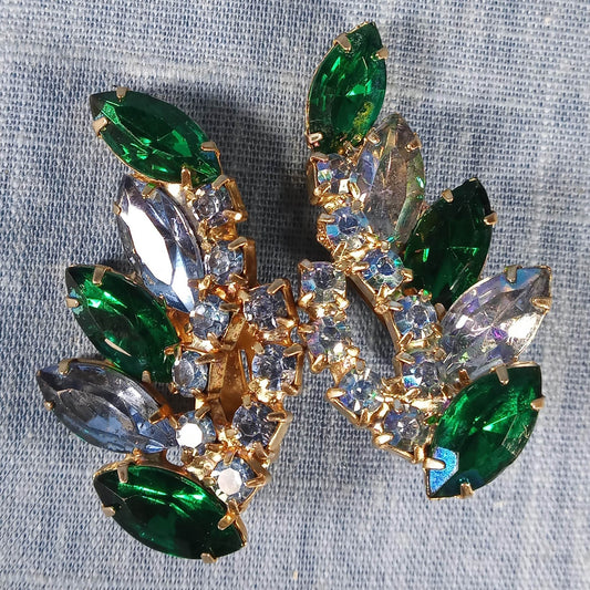 1950s Vintage Clip Earrings with Green and Aurora Borealis Rhinestones