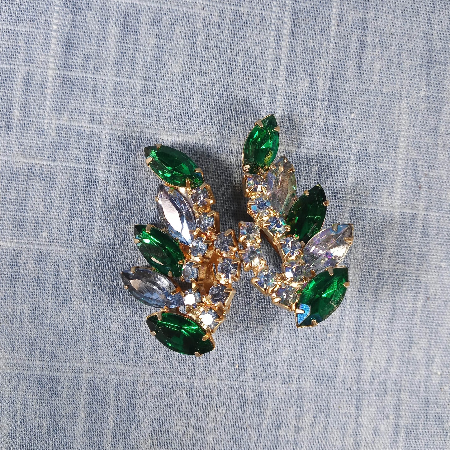1950s Vintage Clip Earrings with Green and Aurora Borealis Rhinestones
