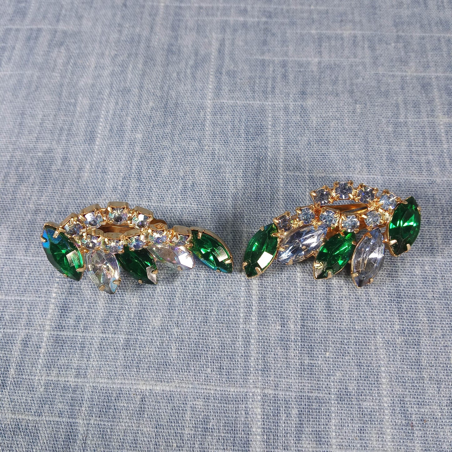 1950s Vintage Clip Earrings with Green and Aurora Borealis Rhinestones