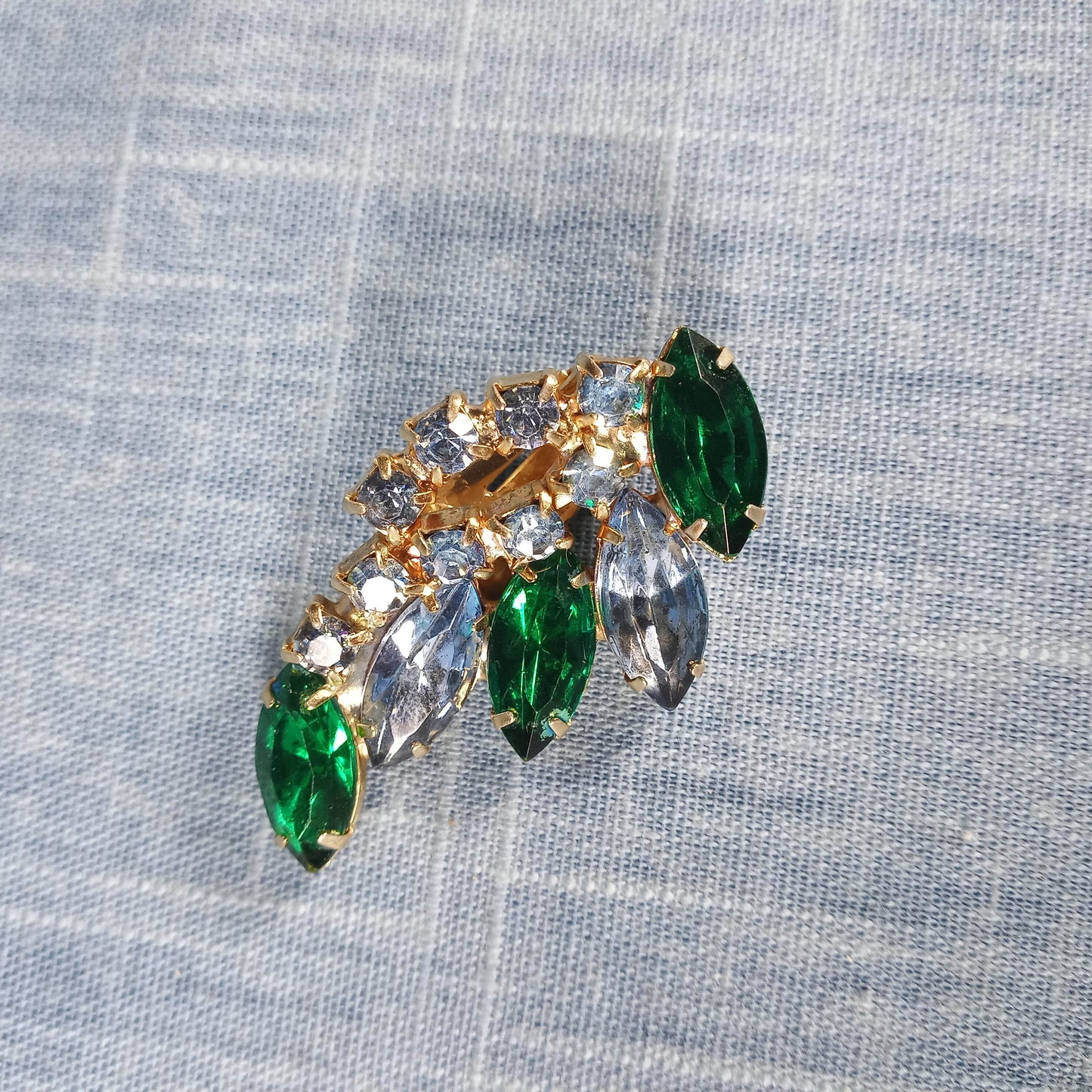 1950s Vintage Clip Earrings with Green and Aurora Borealis Rhinestones