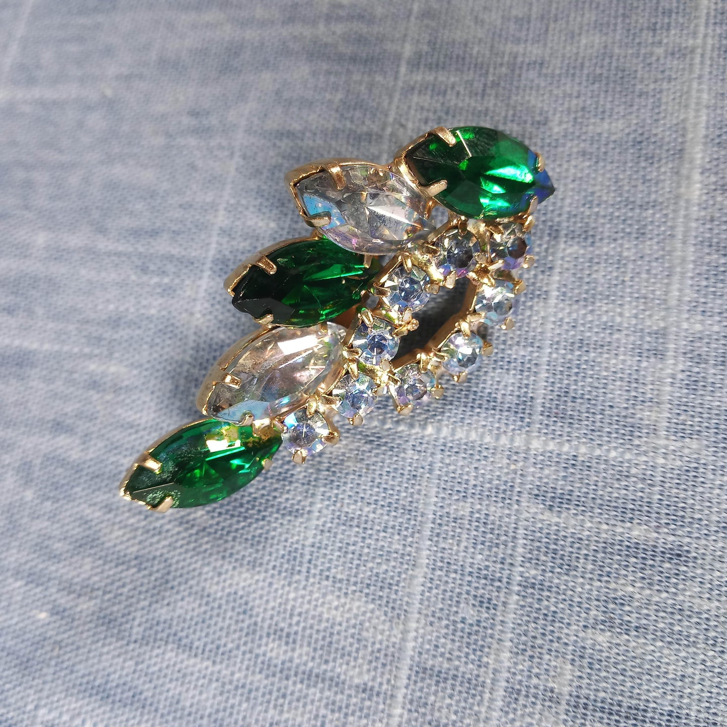 1950s Vintage Clip Earrings with Green and Aurora Borealis Rhinestones