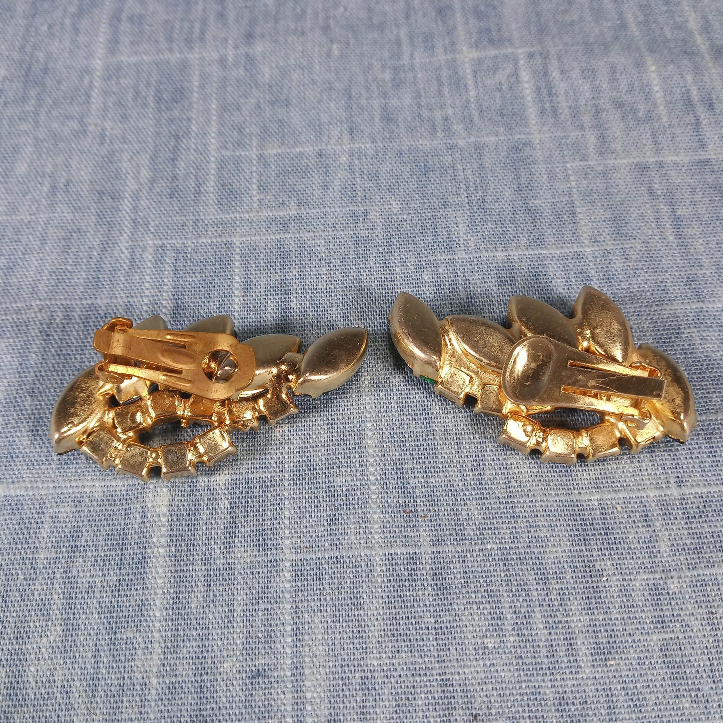 1950s Vintage Clip Earrings with Green and Aurora Borealis Rhinestones