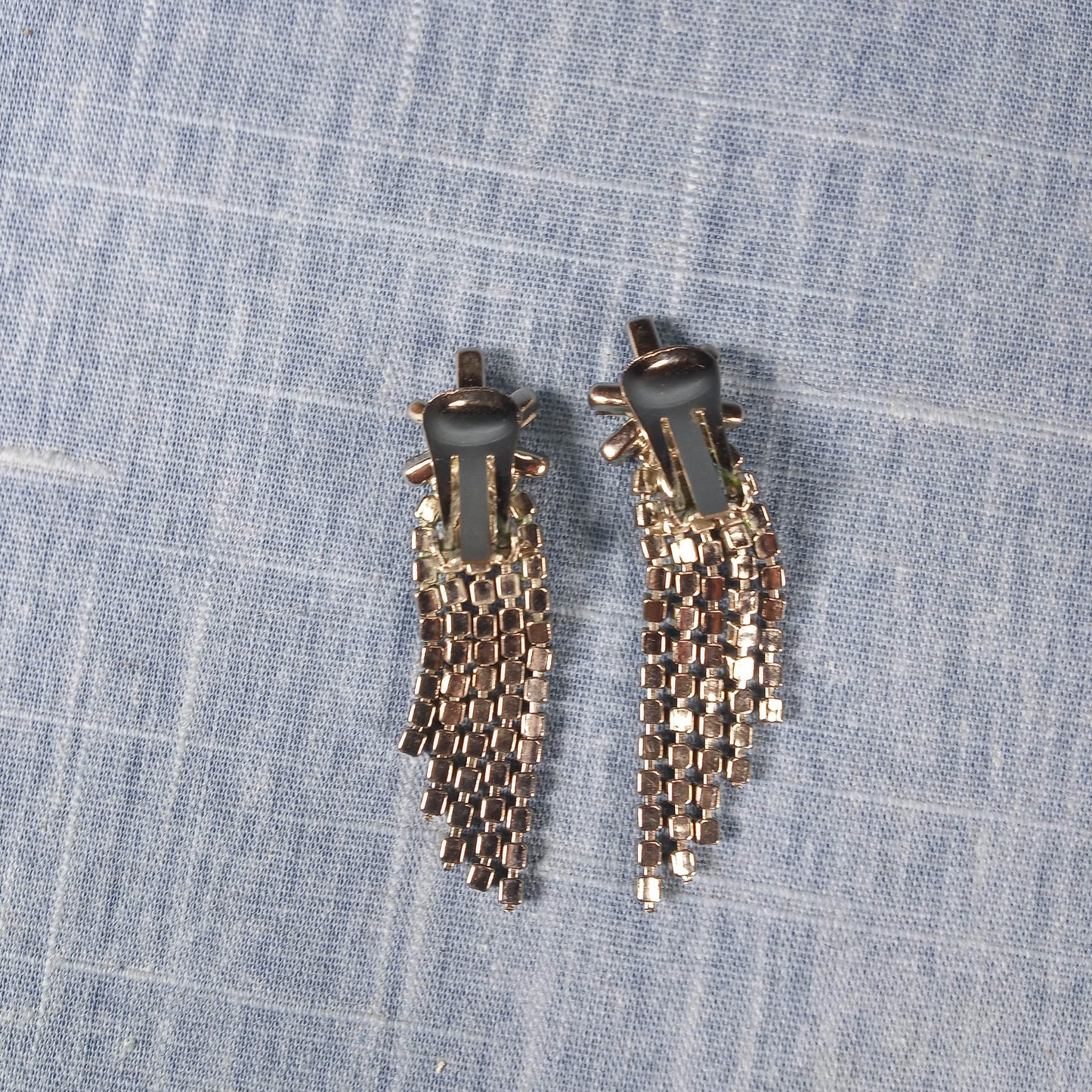 1960s Vintage Dangle Clip Earrings with Clear Rhinestone Baguette Cut Flower Tops