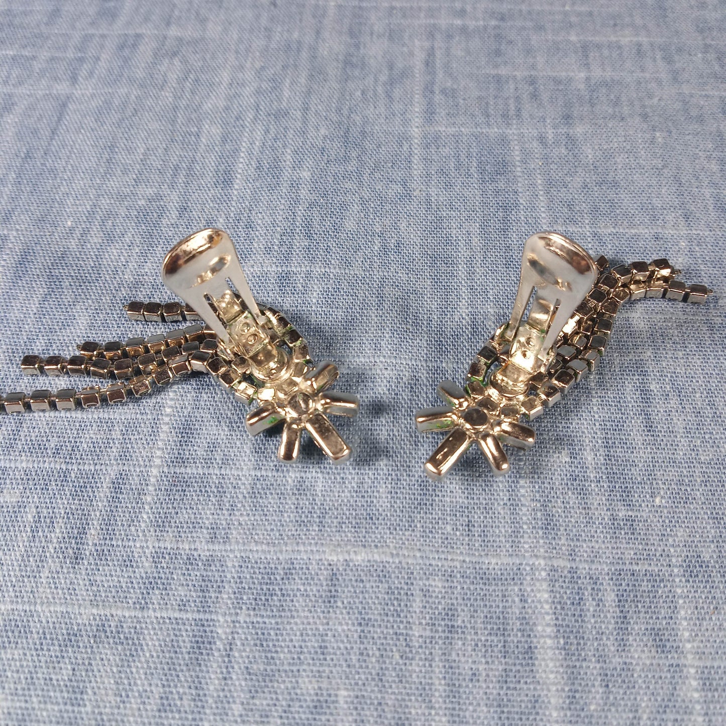 1960s Vintage Dangle Clip Earrings with Clear Rhinestone Baguette Cut Flower Tops