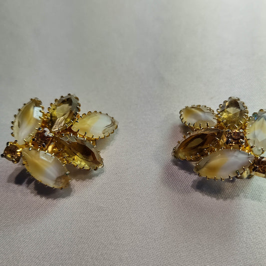 1960's Yellow and Pearlescent Rhinestone Leaf Clip Earrings