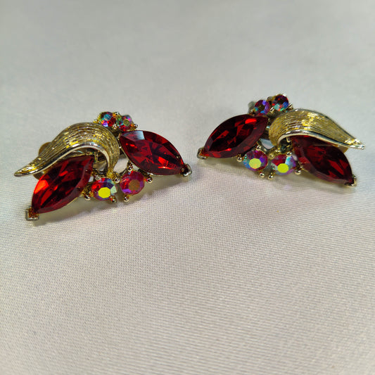 1950's Red and Aurora Borealis Rhinestone Clip Earrings by Lisner