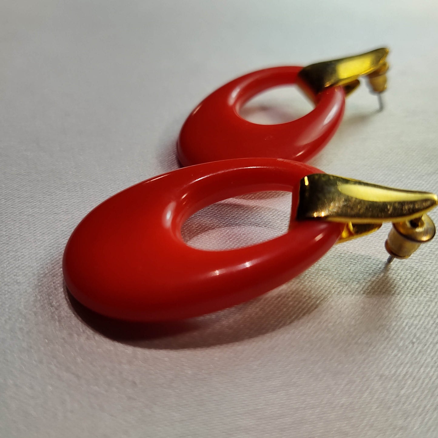 1960's Red Lucite Dangle Loop Pierced Earrings