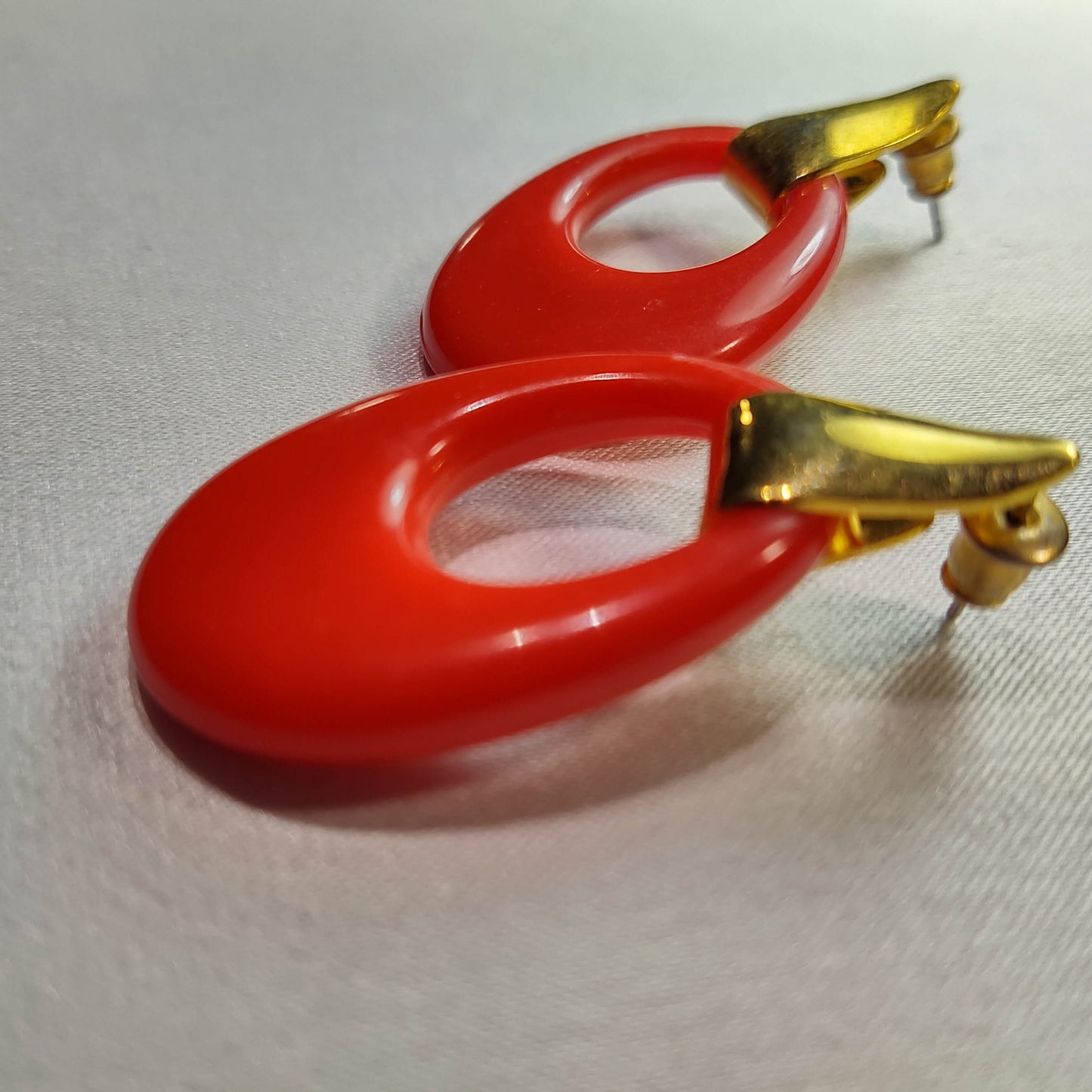 1960's Red Lucite Dangle Loop Pierced Earrings