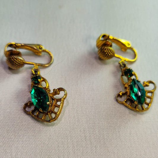 1970's Green Rhinestone and Filigree Dangle Clip Earrings