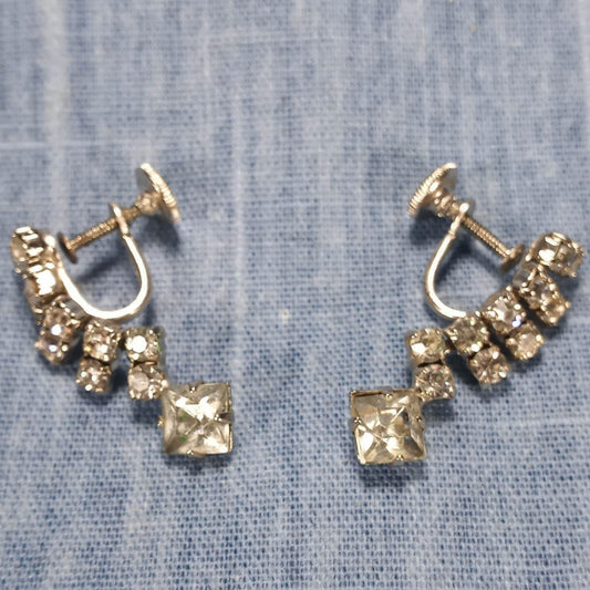 1940s Vintage Clear Rhinestone Screw Back Drop Earrings