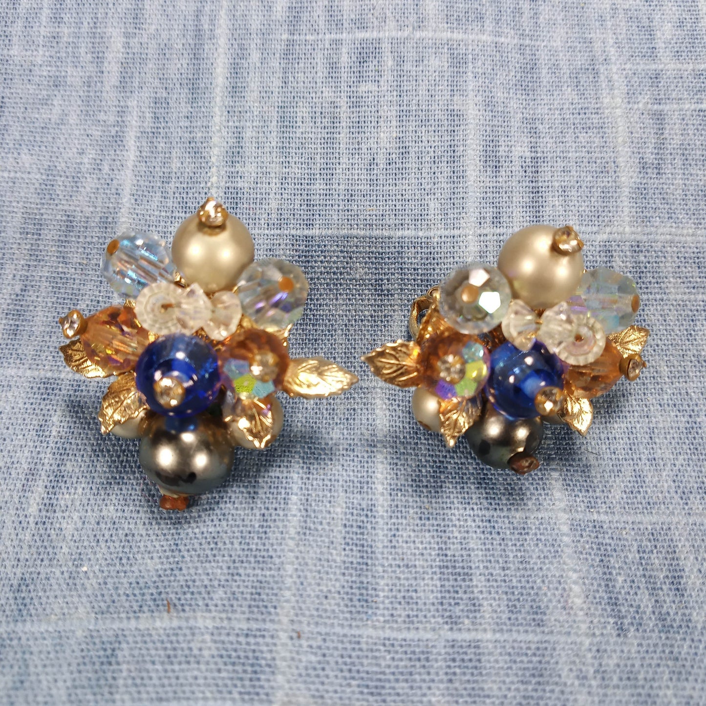 1970s Blue, White and Clear Bead Filigree Screw Back Earrings by Vendome