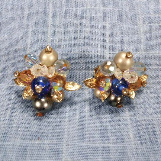 1970s Blue, White and Clear Bead Filigree Screw Back Earrings by Vendome