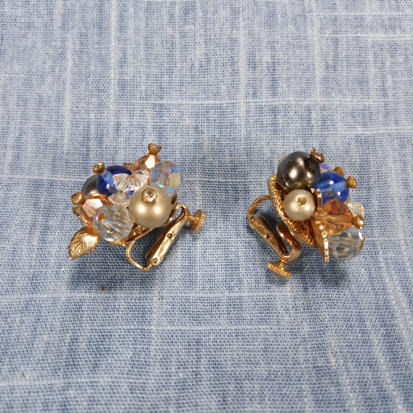 1970s Blue, White and Clear Bead Filigree Screw Back Earrings by Vendome