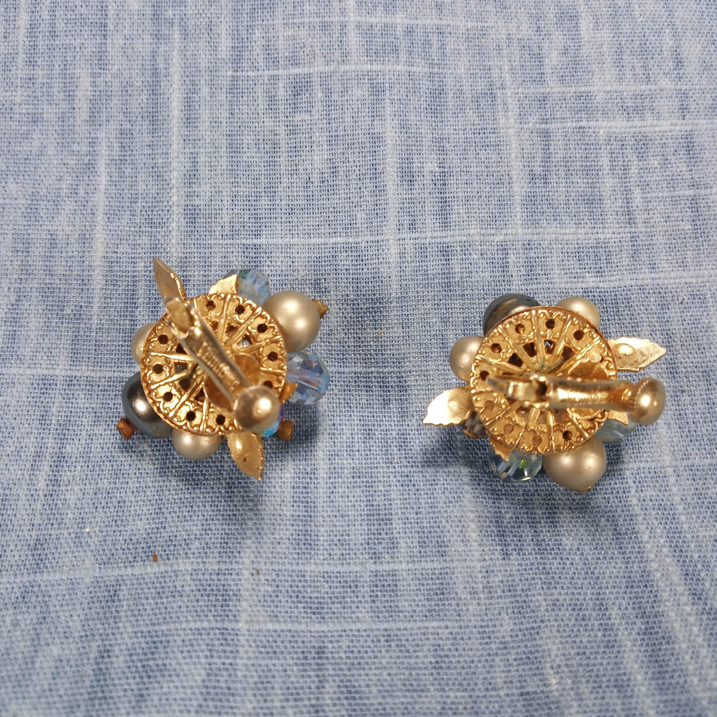 1970s Blue, White and Clear Bead Filigree Screw Back Earrings by Vendome