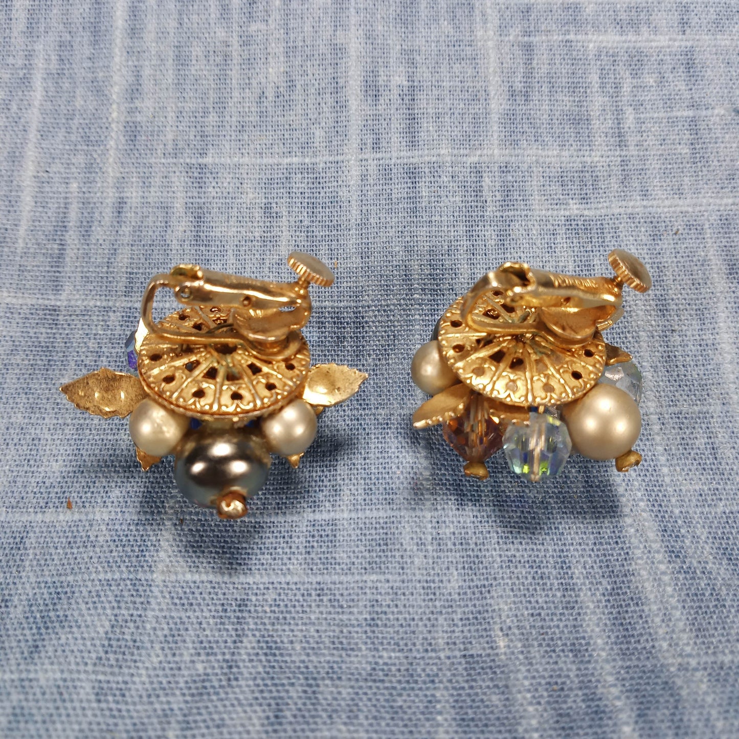 1970s Blue, White and Clear Bead Filigree Screw Back Earrings by Vendome