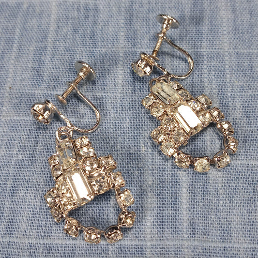1950s Vintage Screw Back Drop Earrings with Clear Rhinestones
