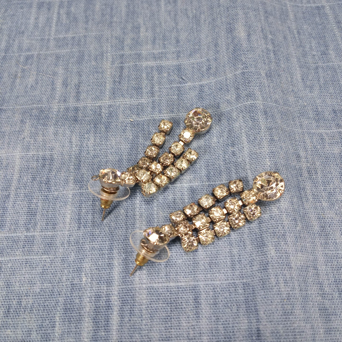 1950s Vintage Dangle Pierced Earrings with Clear Rhinestones