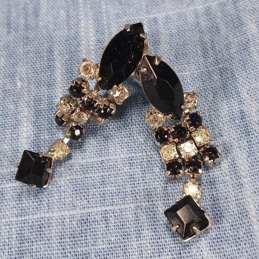 1950s Vintage Screw Back Dangle Earrings with Clear and Black Rhinestones