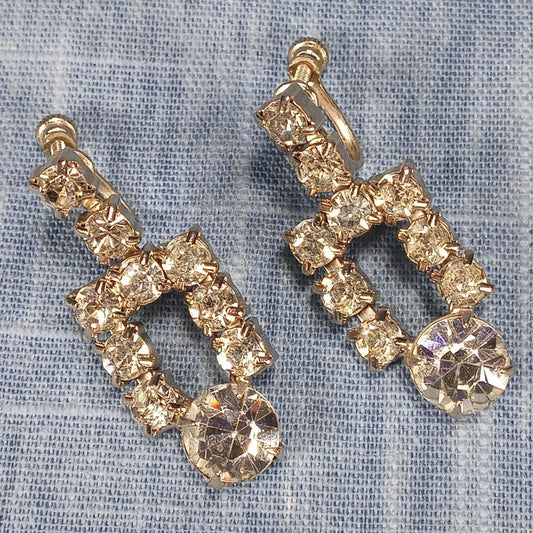 1950s Vintage Drop Screw Back Earrings with Clear Rhinestones