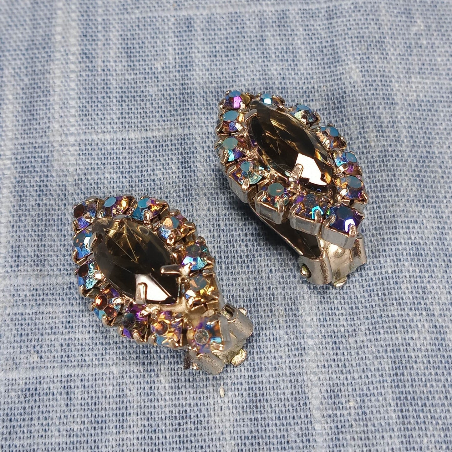 1950s Vintage Oval Clip Earrings with Gray and Aurora Borealis Rhinestones