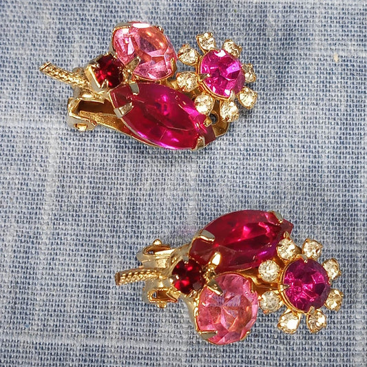 1960s Vintage Clip Flower Earrings with Pink and Clear Rhinestones