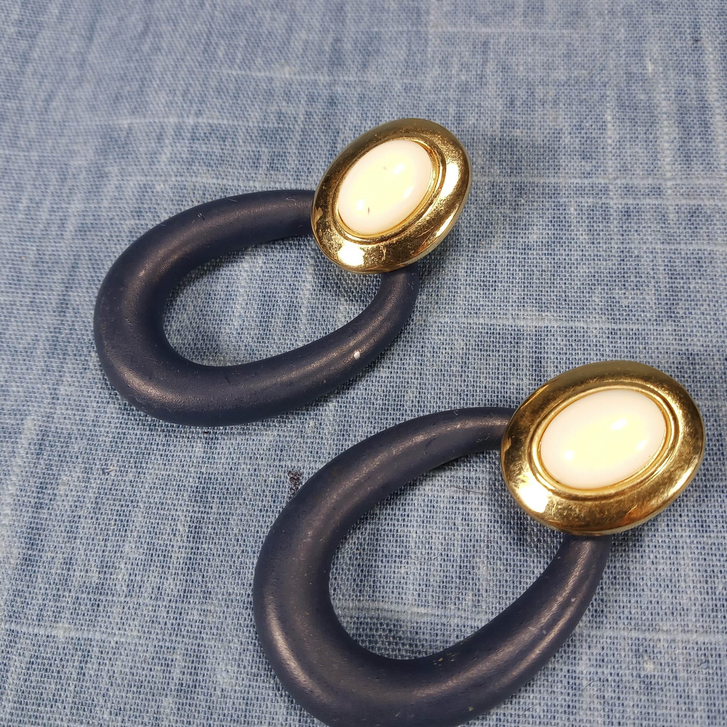1980s Vintage Large Loop Pierced Earrings in Black, Cream, and Gold