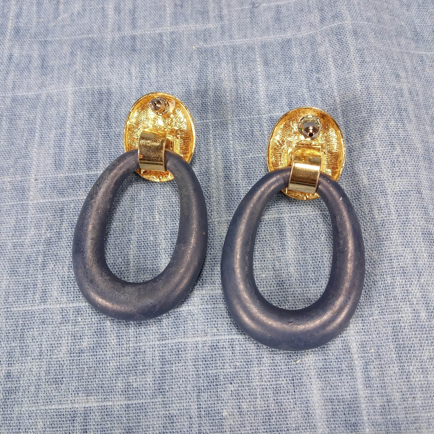 1980s Vintage Large Loop Pierced Earrings in Black, Cream, and Gold