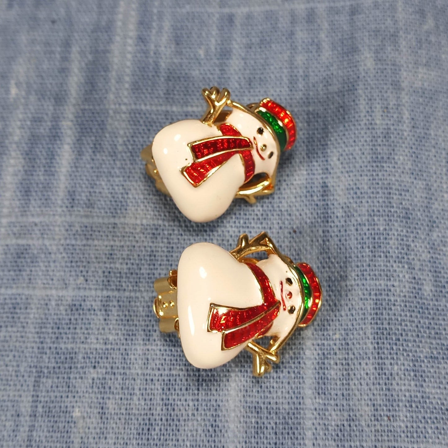 1980s Vintage Snowman Clip Earrings in Red, Green, and Gold Enamel
